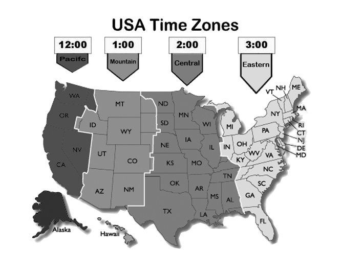 black and white time zones map of usa